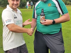 Congratulations to Ed Lambert-Clarke (below, on right) who won the ‘Colchester Brewery W. G. Grace Look-a-Like’ award last Saturday (look it up, Youth Section). 

He also bowled very tightly with final figures of 11-3-29-1 then followed up by 54 with the bat to help the EAGCC 2’s beat Nacton by 6 wickets. 