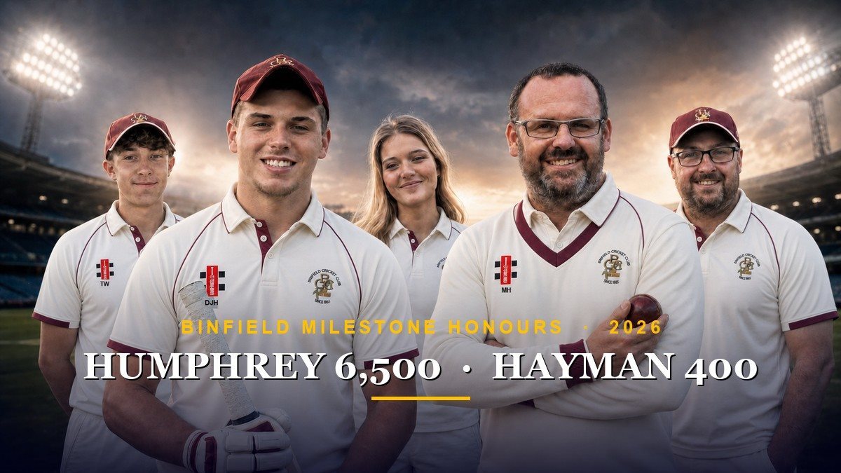 A floodlit photograph of Dan Humphrey and Matt Hayman leading Binfield milestone achievers Thomas Williams, Zoe Docherty and Tony Smith in official club whites.