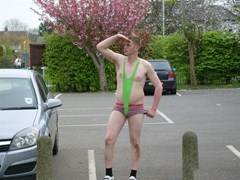 Podge shows off his moobs in his mankini acquired after his mornings exploits on the football pitch.