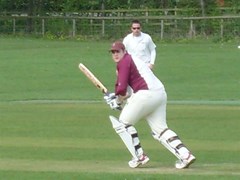 Hursty plays a leg glance and sets off  ofr a single. Notice Bayliss hiding behind him.