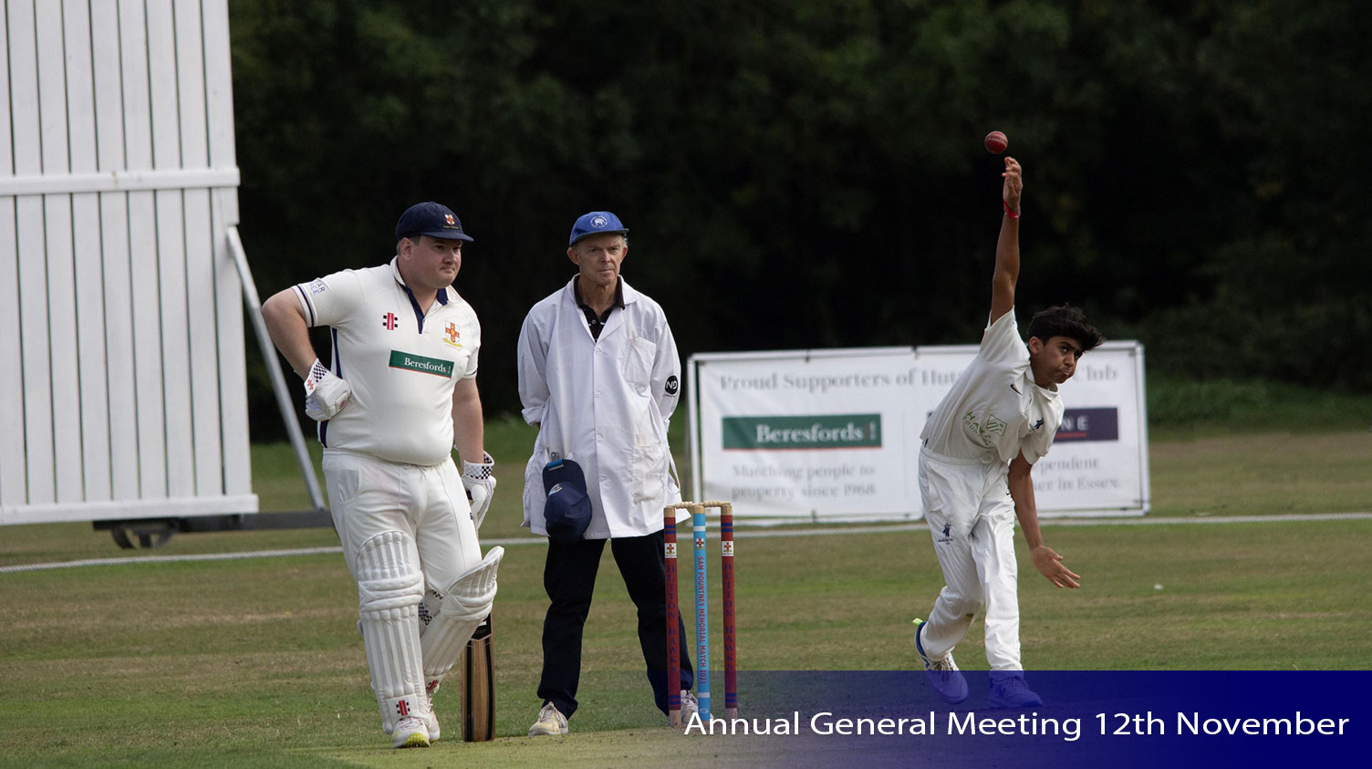 Annual General Meeting 12th November 2025. Henry Hodgson looks on as the non striking batter as a bowler delivers a ball in a cricket match. Graham Spooner is umpiring.