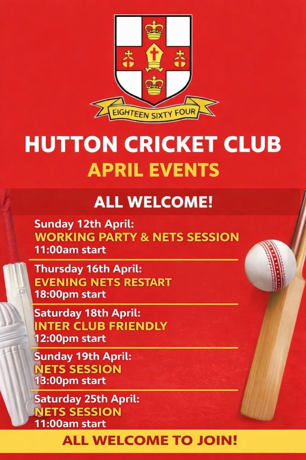 Hutton Cricket Club April Events.
                        All Welcome!
                        Sunday 12th April: Working party and nets session. 11:00 AM start.
                        Thursday 16th April: Evening nets Restart. 6:00 PM start.
                        Saturday 18th April: Inta-Club Friendly.
                        Sunday 19th April: 1:00 PM Start. Nets session
                        Saturday 25th April: Nets Session. 11:00 AM start.