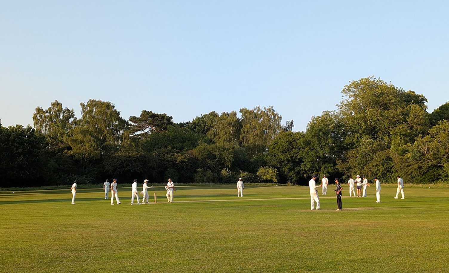 A cricket match played at a ground surrounded by trees in the late evening sunshine