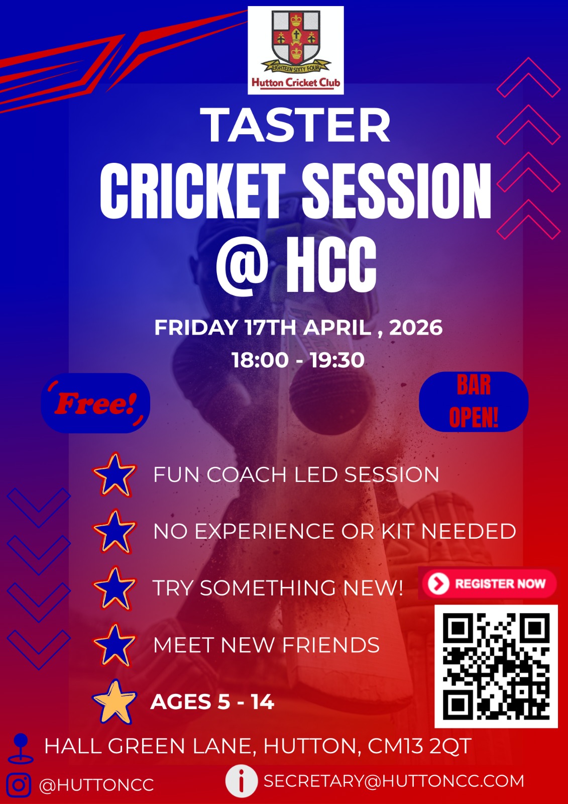 Taster Cricket Session @HCC.
                        Free, fun-filled coach-lead session. No experience or Kit Needed. Try something new! Make new friends. Ages 5-14.