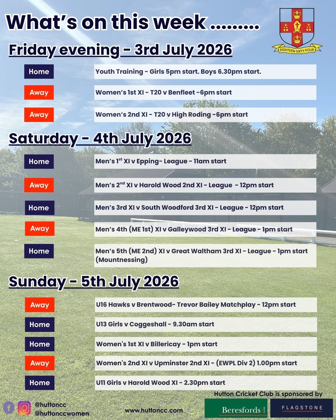 Hutton CC upcoming fixtures
