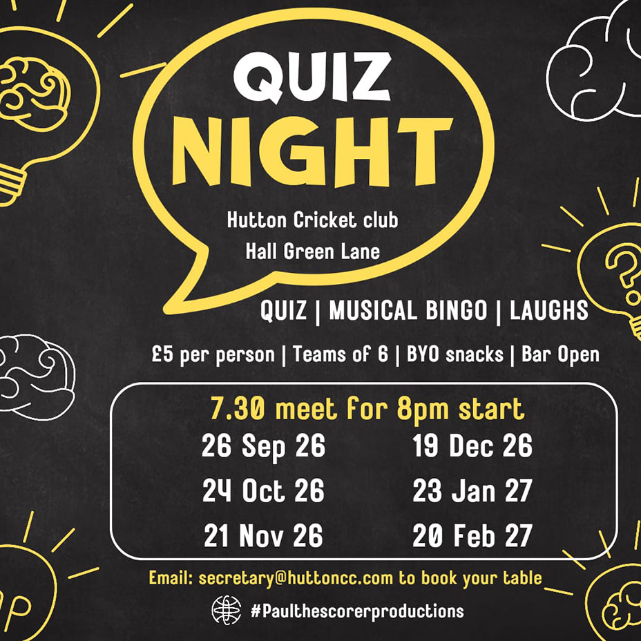 HCC quiz night, 26th September 2026 from 7:30 PM.