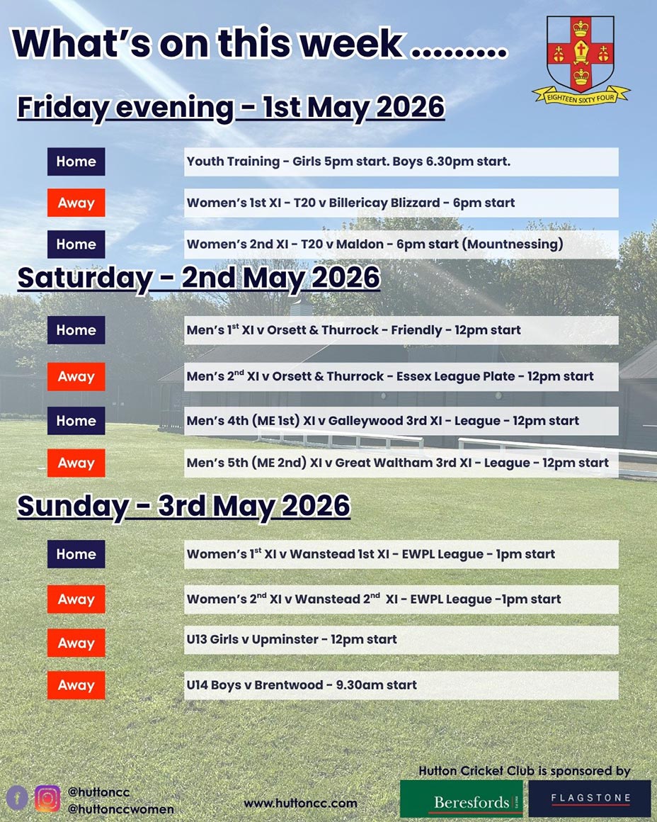 Hutton CC programme 1st to 3rd May 2026