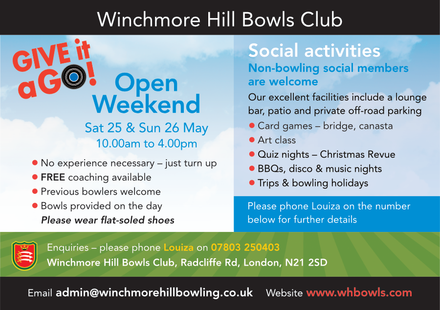 poster or flyer advertising event Open Weekend at Winchmore Hill Bowls Club