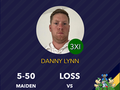 Danny Lynn with Performance of the Week for his maiden 5 wicket haul, 5-50, in the loss against Dunmow II (h)