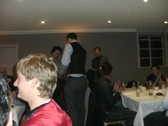 Andy Dolman(plus wig), presents the 3rd XI batting award to 3rd XI captain, Campbell Airey