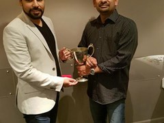 Bon Accord Cup winning captain Chamila Perera presents a medal to Misha Singh