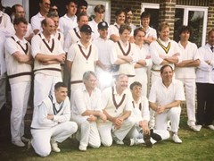 Back Row L-R: Barcombe 1,2,3,4,5,6,7,8. Paul Thomas?.Barcombe 9
Middle Row L-R: Peter Connolly (RNVR) Umpire, Peter Jordan, Philip Barker, Dr Alan Simpson, Bruce Crichton (captain) Bill Allen, Dr Paul Ford, Graham Wyles, Kevin Ronaldson, Barcombe 10, Barcombe 11, Barcombe Umpire
Front Row L-R: Barcombe 12, Bill Lott, Richard Holliday, Piers Vacher, Nigel Crawford