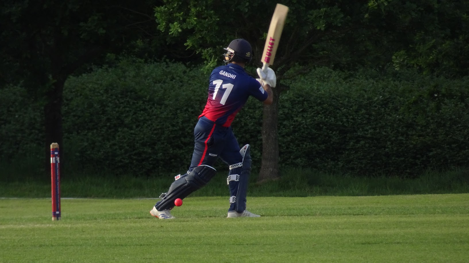 An umpire signalling a dismissal as a bowler and wicketkeeper celebrate